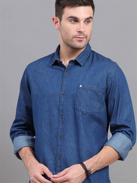 Shop Mens Dark Blue Denim Solid Casual Shirt - Cool Colors