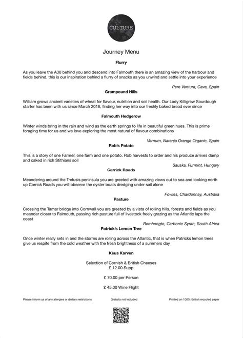 Menu at Culture Restaurant, Falmouth