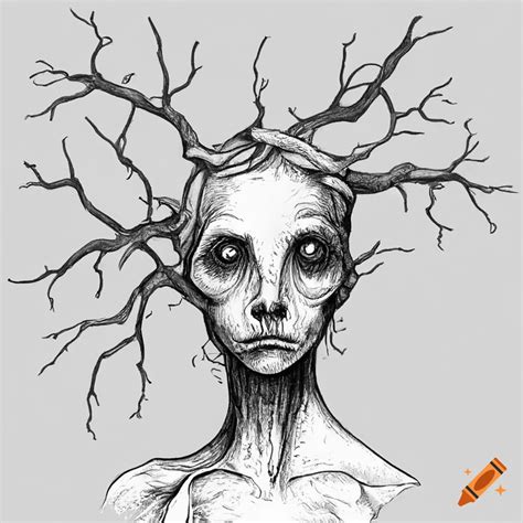 Simplified scary wiccan tree branch figure pencil drawing on Craiyon