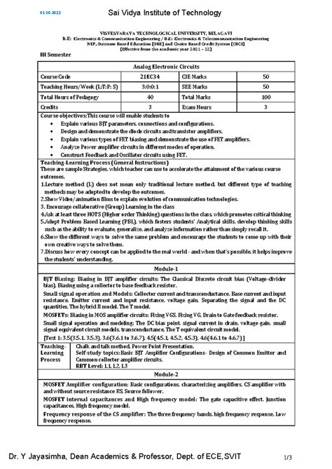 21EC34 Analog Electronic Circuits Syllabus and Course Details - Studocu