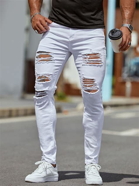 White Collar Denim Plain Skinny Embellished Non-Stretch Men Denim ...