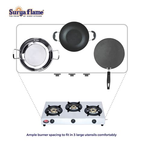 Surya Flame Triple Cook Gas Stove, 3 Burner, Stainless Steel Body ...