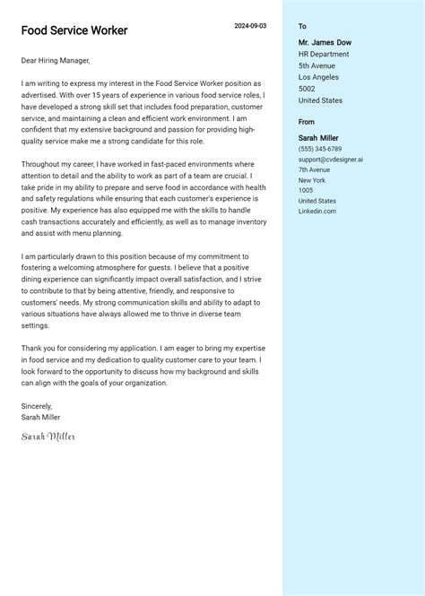 Food Service Worker Cover Letter Examples & Samples for 2026 - CVDesigner.ai