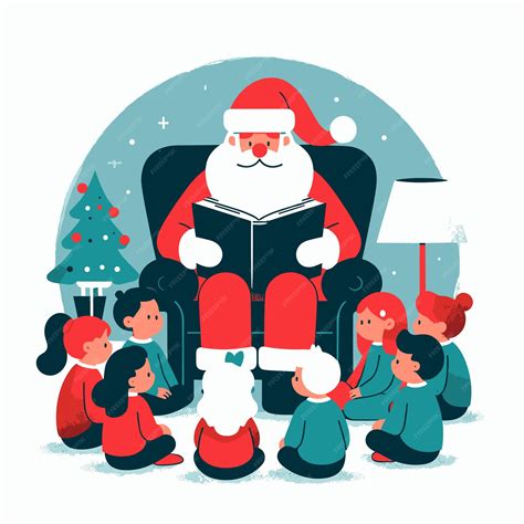 A cartoon of santa reading a book with children around it Santa Claus ...