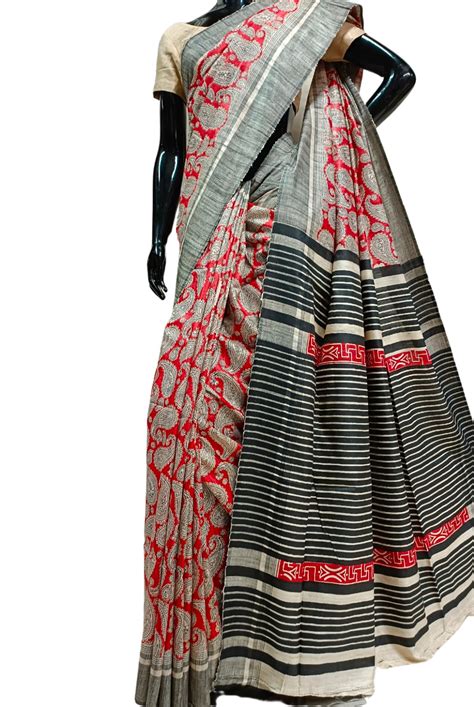 Red & Black Handloom Ghicha Tussar Silk Print Saree – Balaram Saha