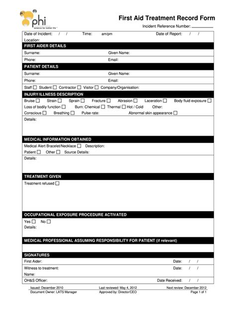 2012-2026 First Aid Treatment Record Form - Blank Fillable Template ...