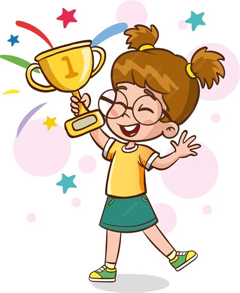 Premium Vector | Happy cute kid boy win game gold trophy