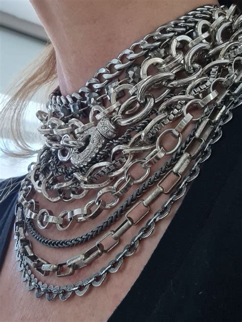 Chunky Silver Necklace, Multi Silver Layered Chains Necklace, Rock ...