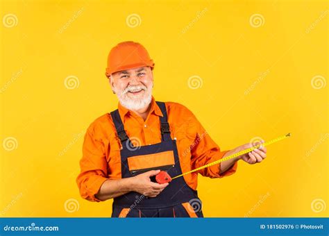 Senior Builder Use Tape-line for Measure. Measurement. Engineer Size ...