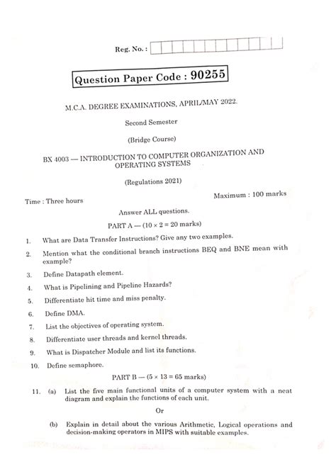 Bridge Course Question Paper: MCA 90255 - Computer Organization & OS ...