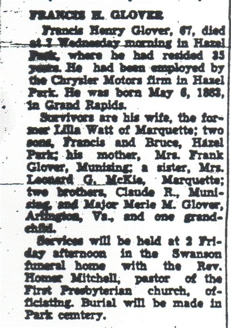Journey to the Past: Obituary of Harry Glover of Hazel Park, Michigan