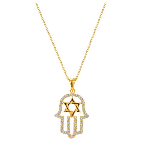 14k Gold Hamsa Hand Diamond Necklace Star of David Necklace For Sale at ...