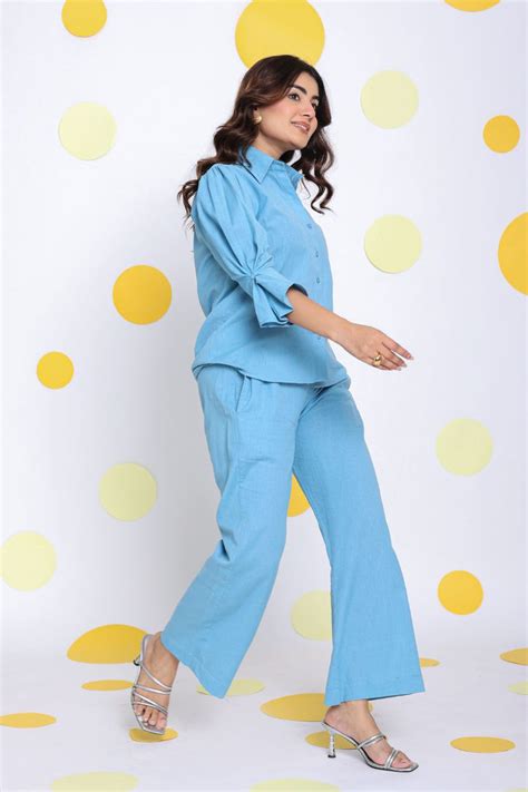Sky Blue Shirt and Pant 2 Piece Set Summer Relaxed Linen Co-ord Set ...