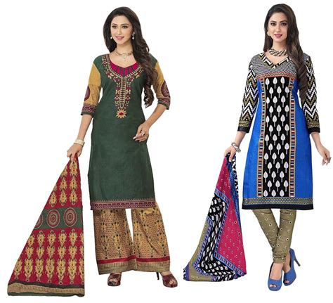 Buy Hrinkar Women's Cotton Dress Material (Dark Green & Blue_Pack Of 2 ...