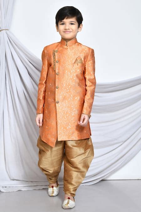 Buy Orange Jacquard, Silk Embroidery Flower Vine Pattern Sherwani With ...