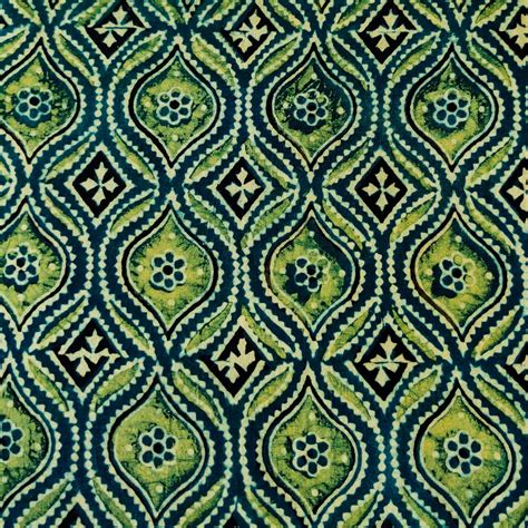 Pure Cotton Ajrak Blue With Green Blobby Geometric Pattern Hand Block ...