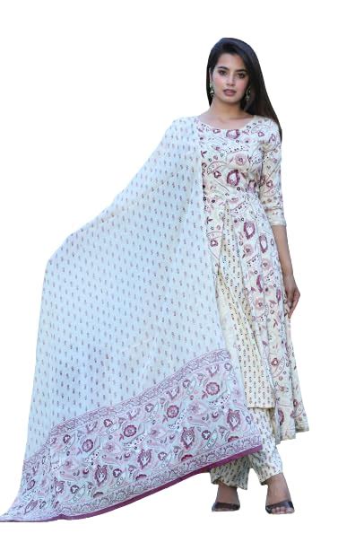 Buy TOULIN Women Cotton Printed Anarkali Kurta with Palazzo and Dupatta ...