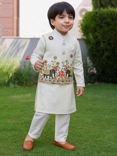 Kidbea Boys Kurta Pajama Set with Elephant Embroidered Jacket | Tradit