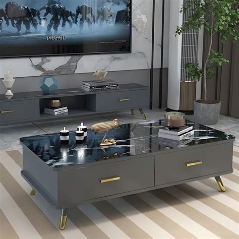 Rectangular Modern Coffee Table with Gold Metal Base, Drawers Included ...
