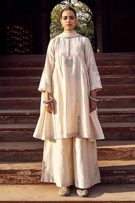 Buy Ivory Chanderi Embroidery Round Neck Kachi Dori A-line Kurta Pant ...