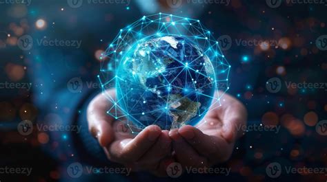 Depiction of human hands holding a digitally connected globe ...