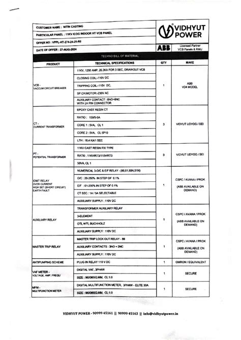 VCB quotation - BNA - CUSTOMER NAME : NITIN CASTING VIDHYUT PARTICULAR ...
