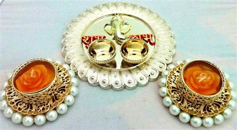 Buy Aadishree Acrylic Ganesha Pooja Thali with 2 Kumkum-Chawal and Set ...