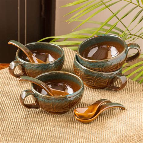 Buy ExclusiveLane Ceramic Handled Soup Bowl Set with Spoon (300ml ...