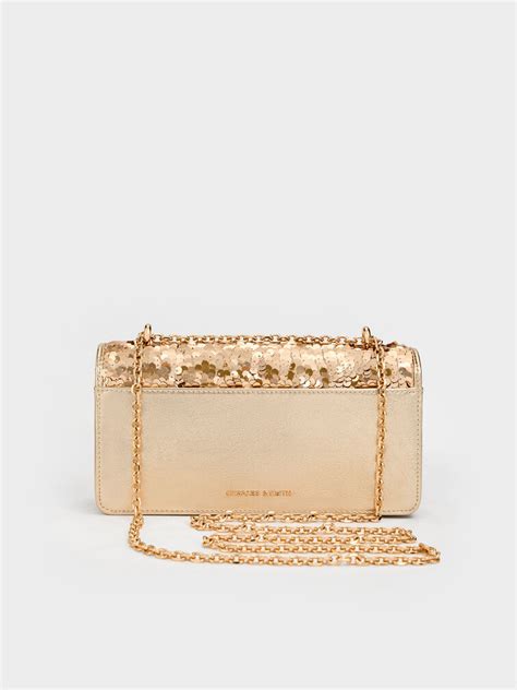 Gold Paffuto Sequinned Wallet On Chain - Gold - CHARLES & KEITH IN