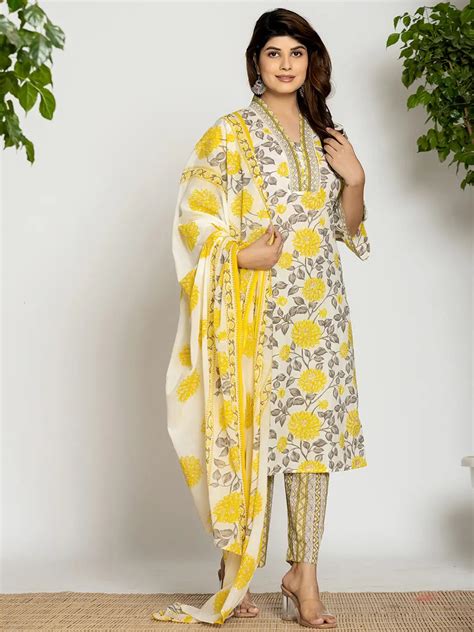 Yellow And Off White Cotton Pakistani Style Kurta Dupatta Set – Yufta Store