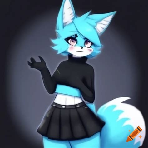 Cute anthro furry white fox in crop top and arm warmers, posing shyly on Craiyon