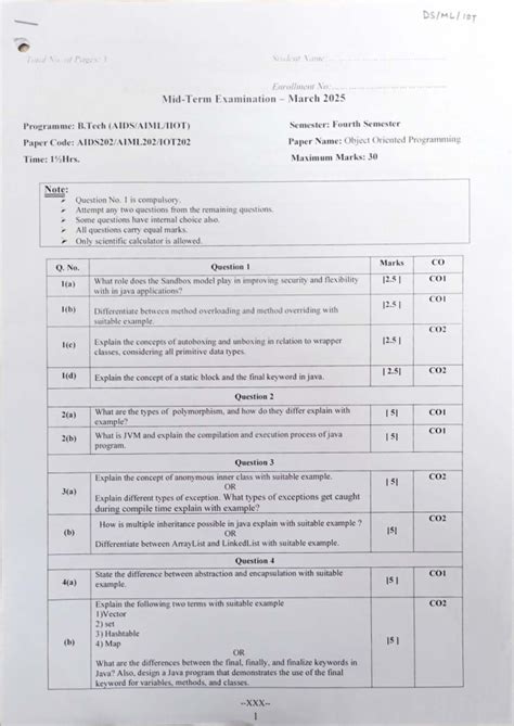 Midterm Exam Paper: B.Tech IV Sem - Object Oriented Programming & DBMS ...