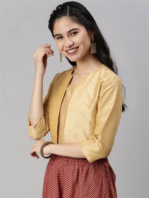 De Moza Womens Jacket Woven Top Solid Polyester Gold S