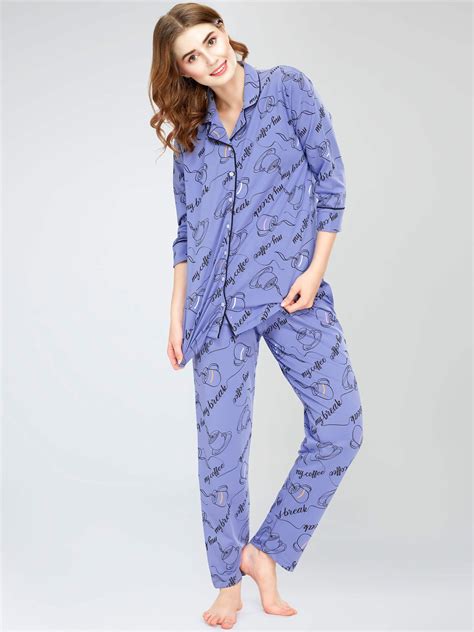 ZEYO Night Suit for Women's Blue Cup & Saucer Printed Cotton Night Dre