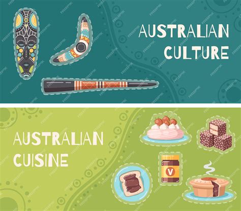 Australian culture and cuisine two banners with aborigine accessories ...