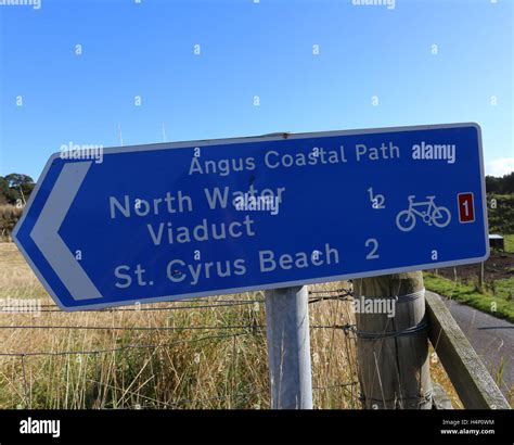 Cycle Route 1 sign on Angus Coastal Path for St Cyrus beach Scotland October 2016 Stock Photo ...