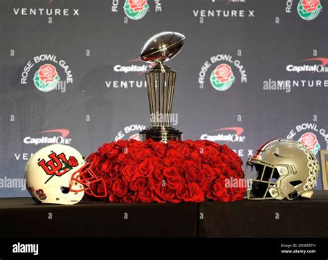 A look at the 106th Rose Bowl Game trophy at the media center in ...