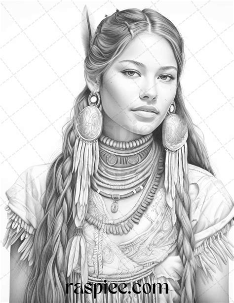 Native american portrait grayscale coloring pages printable for adults ...
