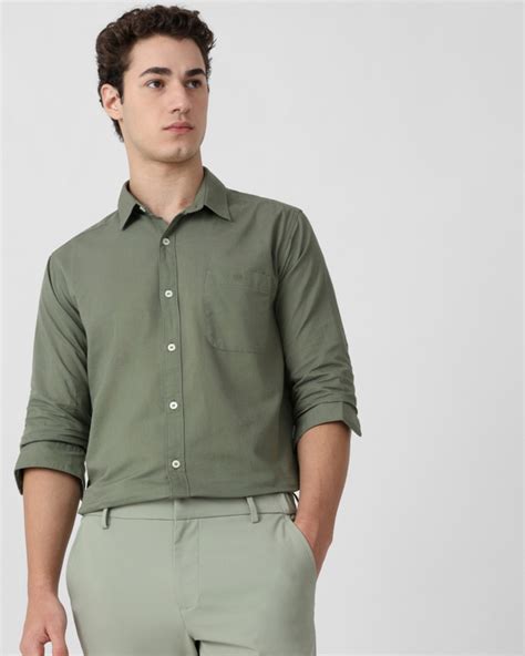 Buy Light Olive Lyocell Linen Plain Slim Fit Casual Shirt Online at ...