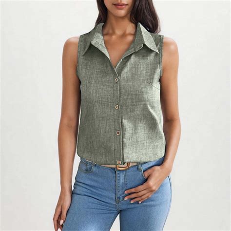 Green Women Shirts, Womens Sleeveless Tops Casual Down Collared Shirt ...