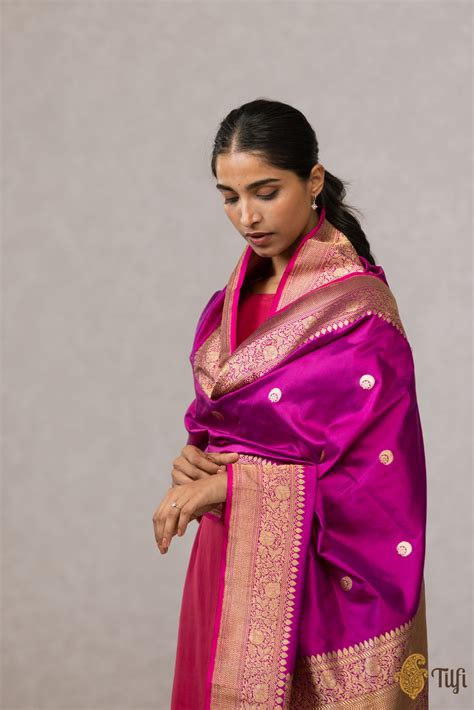 Blue-Rani Pink Pure Katan Silk Banarasi Handloom Dupatta - Tilfi