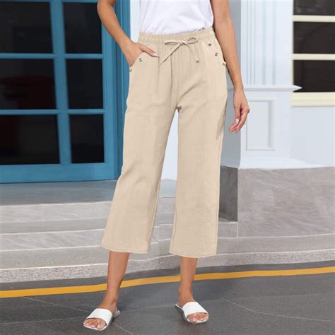 Aobny Linen Womens Pants Beige Plus Capri Baggy Pants High Waisted ...