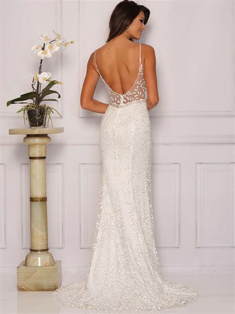 BELTED V-NECK SCOOP BACK WEDDING GOWN - Dave & Johnny