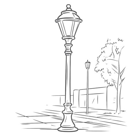 Free Blackline Drawing Of A Street Light Outline Sketch Vector, Tree ...