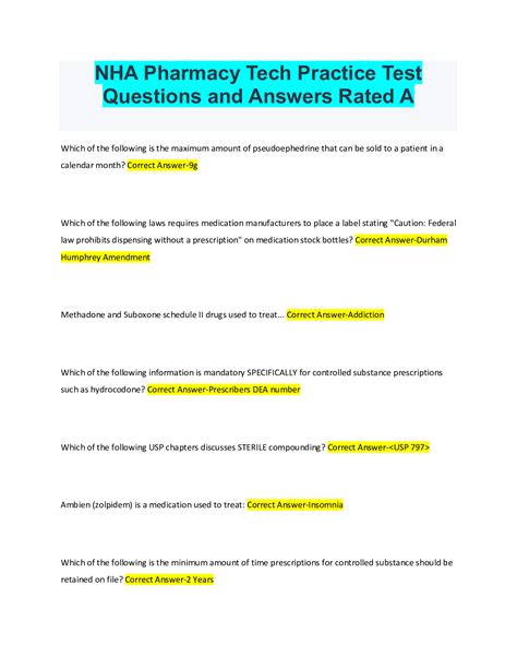 NHA Pharmacy Tech Practice Test Questions and Answers Rated A ...