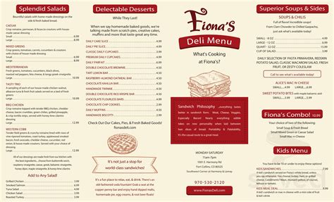 Fiona's Delicatessen, Bakery & Catering menu in Fort Collins, Colorado, USA