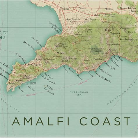 Amalfi Coast Map, Sorrento Map, Positano Italy Map Print, Wall Art ...