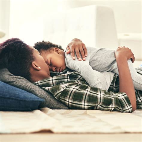 Mother baby and sleeping in bedroom for bonding or security love and ...