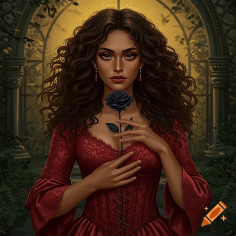 Victorian witch with olive skin, brown eyes, red lace dress, holding ...