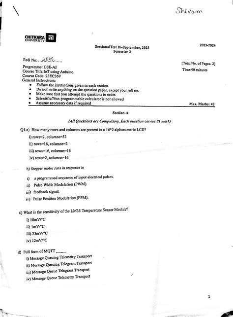 IoT Using Arduino: Sessional Test 23EC369 - Semester 3 Exam Paper - Studocu